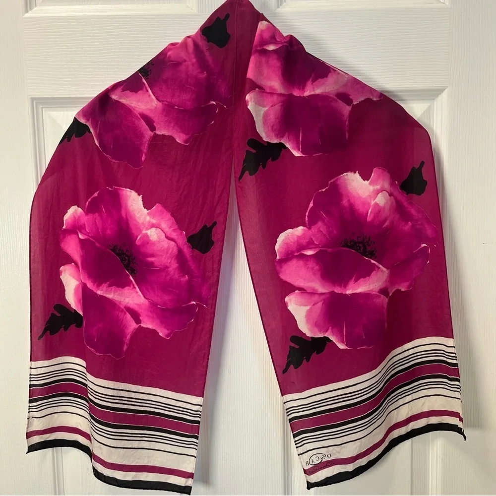 Oscar de la Renta vintage Silk Satin Floral Poppy Fuchsia Pink Scarf Wrap oblong